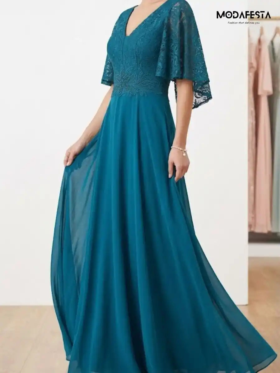 ModaFesta -elegant-chiffon-maxi-gown-V-neck lace-style-teal